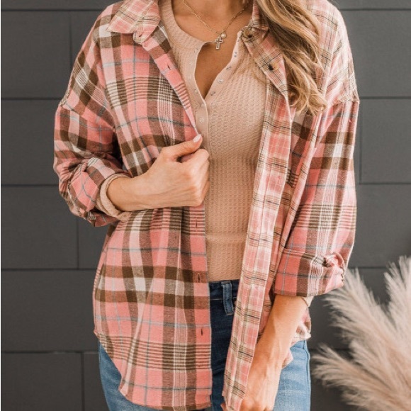 RESTOCKED Lightweight Spring Plaid Top, button down, pink/brown color pattern - Picture 12 of 15